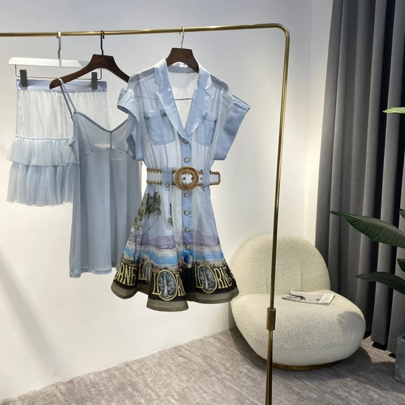 

YouYu Vintage Dress For Women Summer New Fashion V Neck Short Sleeve High Waist Print Single Breasted Belt Three Piece Dresses