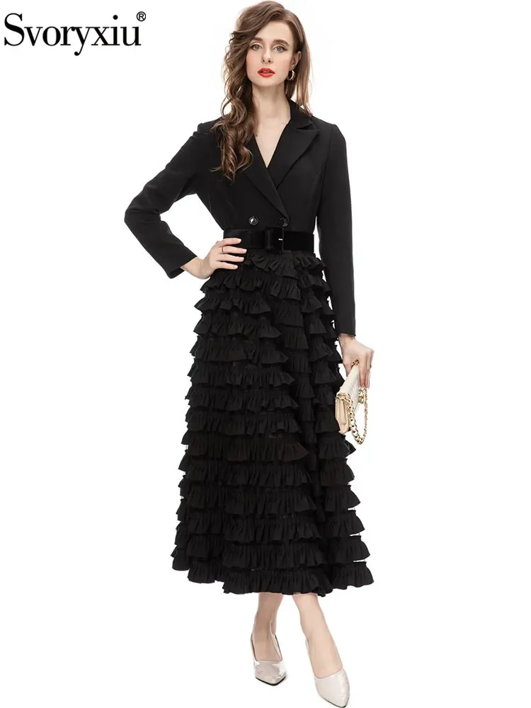 

Женская верхняя одежда с высокой талией Svoryxiu, черная Дизайнерская верхняя одежда с отложным воротником и длинными рукавами, каскадными воланами на осень 2019
