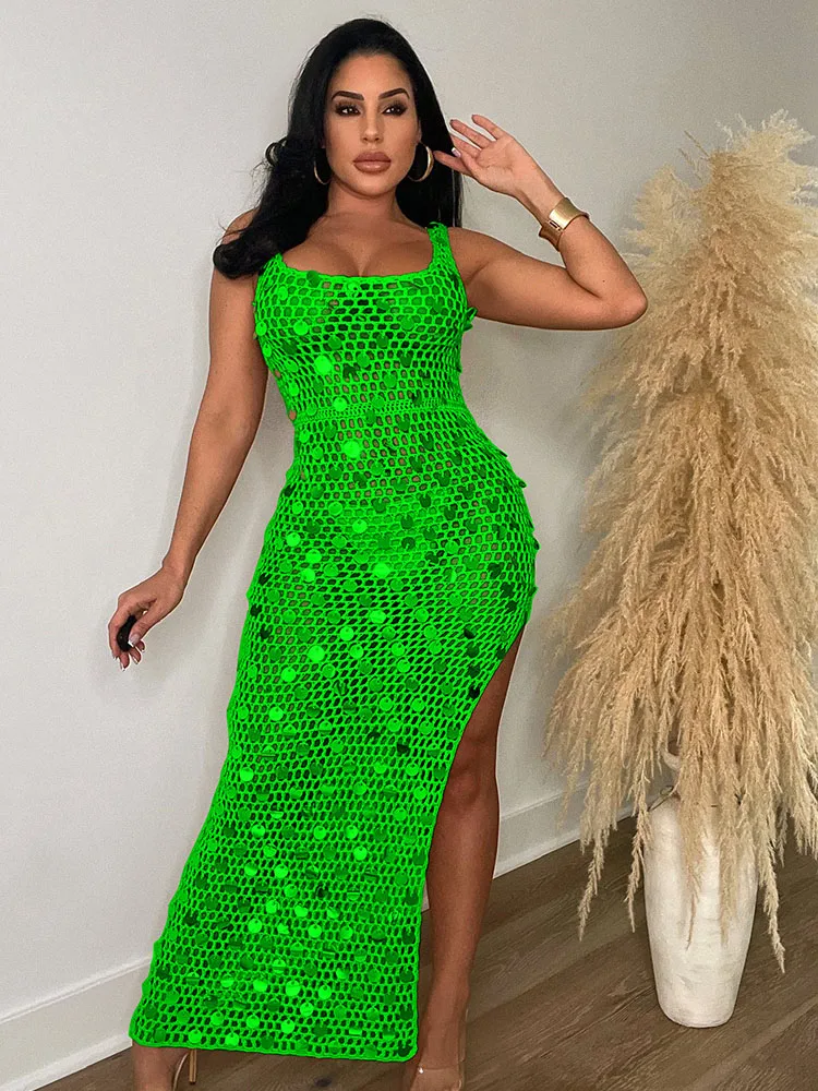 

Znaiml Sleeveless See Through Side Slit Club Evening Party Bodycon Dress Women Sexy Knit Crochet Hollow Out Sequined Maxi Dress