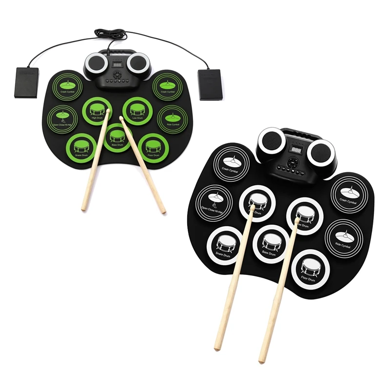 

Electronic Drum Set For Kids,9 Pad Drum Kit With Cymbal And Built-In Speakers Portable Musical Equipment (Black Green)