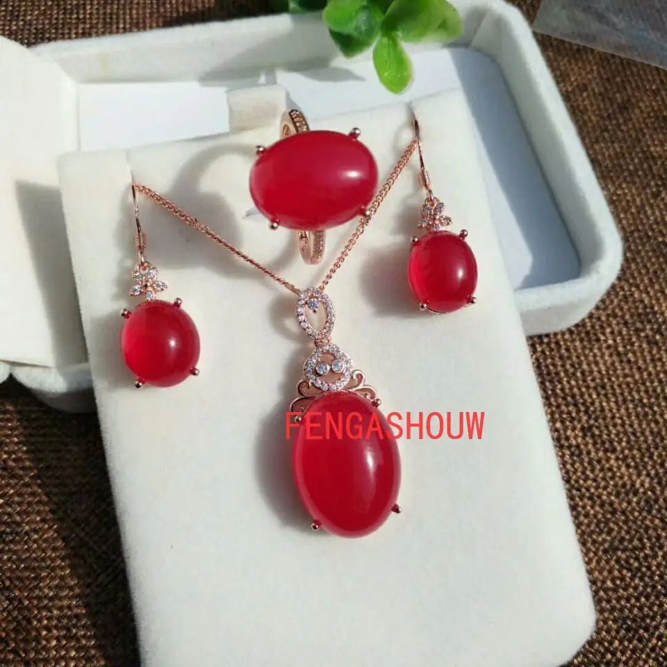 

Hot Selling 925 Silver Inlaid Pink Chalcedony Jewellery Set Charm Jeweller Hand-Carved for Women Men Fashion Accessories