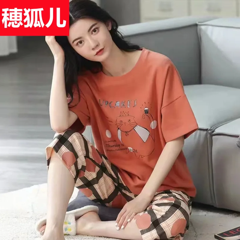 

Cotton Pajamas Women's Summer Short Sleeves Shorts Thin Suits Women's Cartoon Round Neck Loungewear Kawaii Pajamas Plus Size 5XL