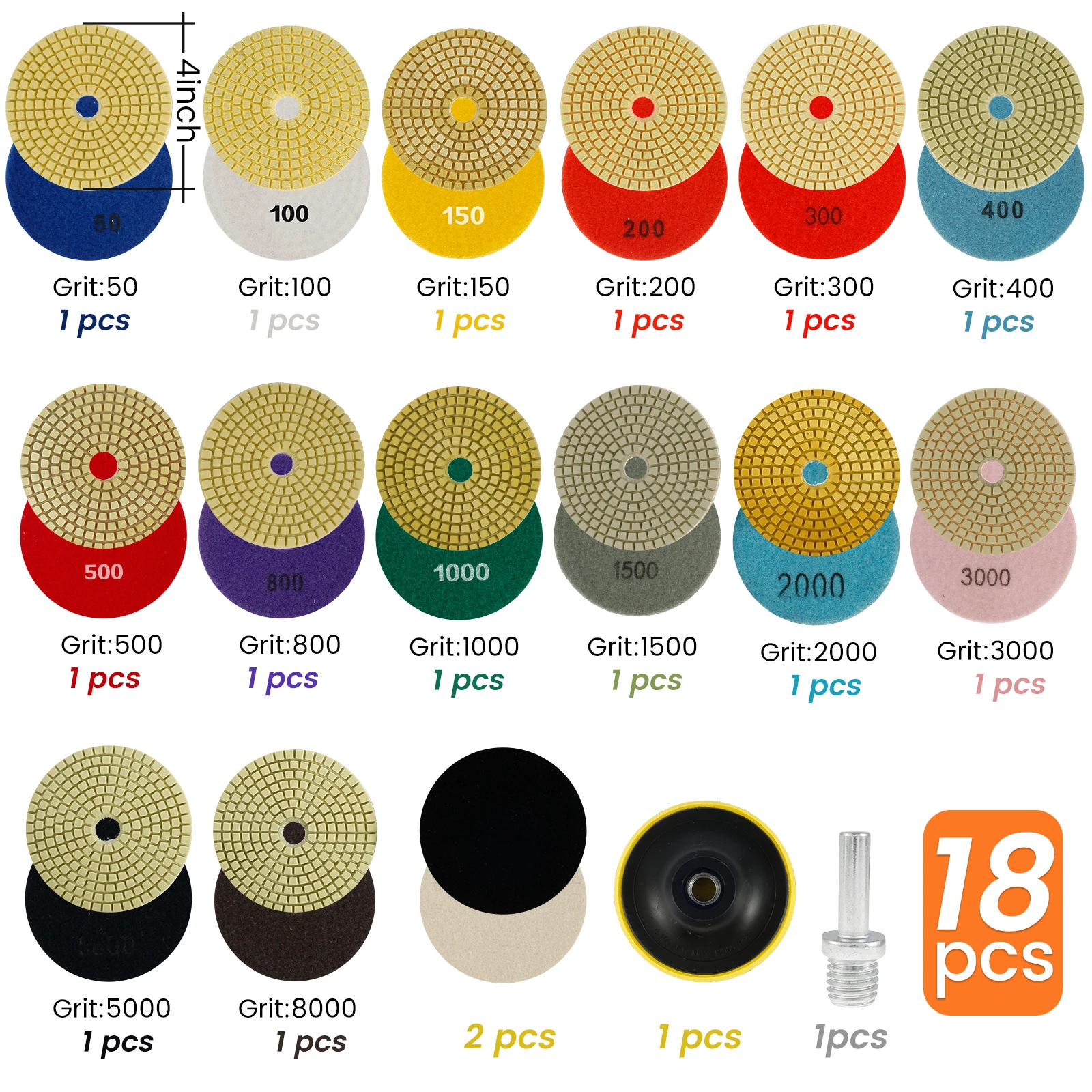 

18Pcs 4Inch 100mm Diamond Polishing Pads Wet Dry Diamond Buffing Pads Discs Granite Marble Concrete Stone Grinding Discs Tool