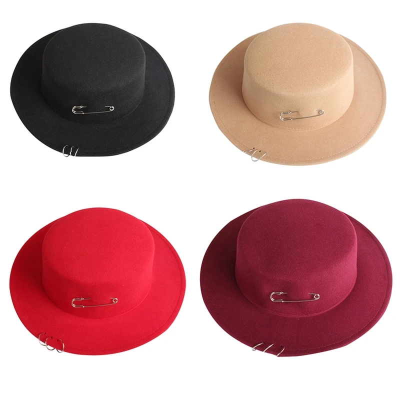 

Thicken Solid Color Fedora Hat Panama Hat with Flat Brim Western Jazz Felt Hat