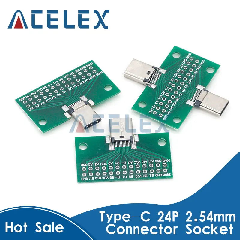 Adaptador de placa PCB tipo C macho a hembra USB 3,1, conector tipo C 24P de 2,54mm para transferencia de Cable de línea de datos