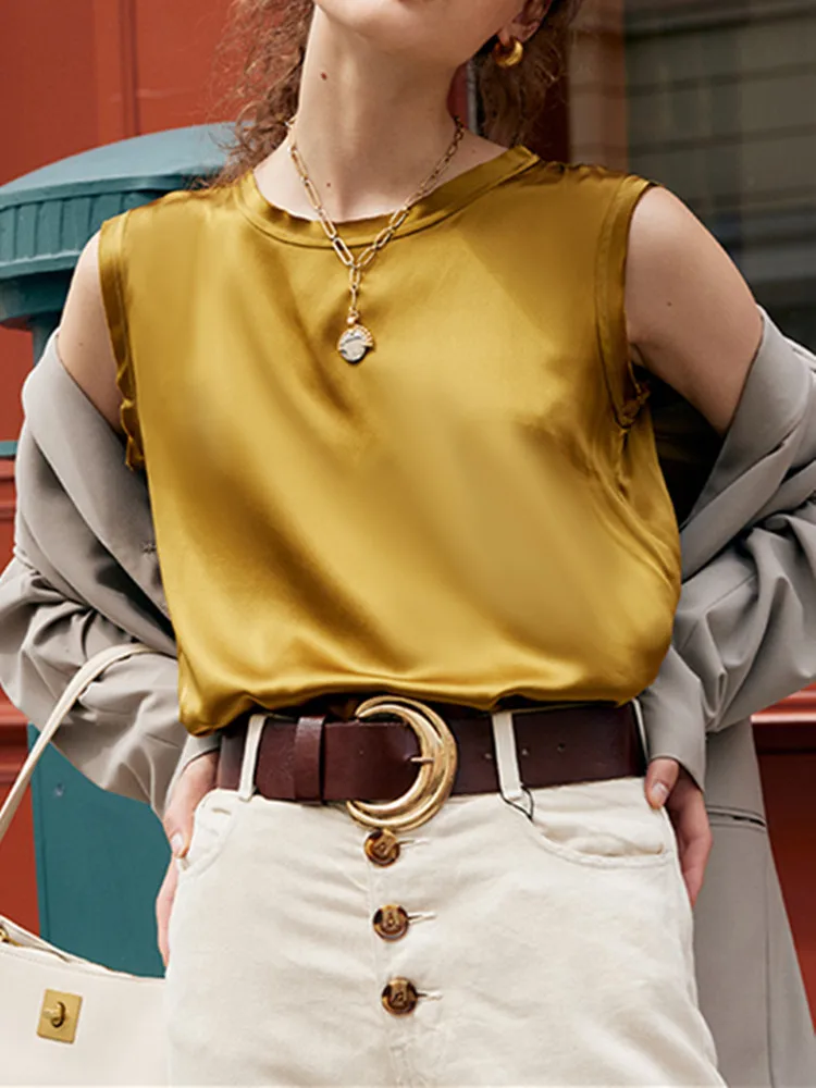 

2023 Summer Women Solid Color Tank Top Female Round Neck Casual Silk All-Match Vest Loose Tops
