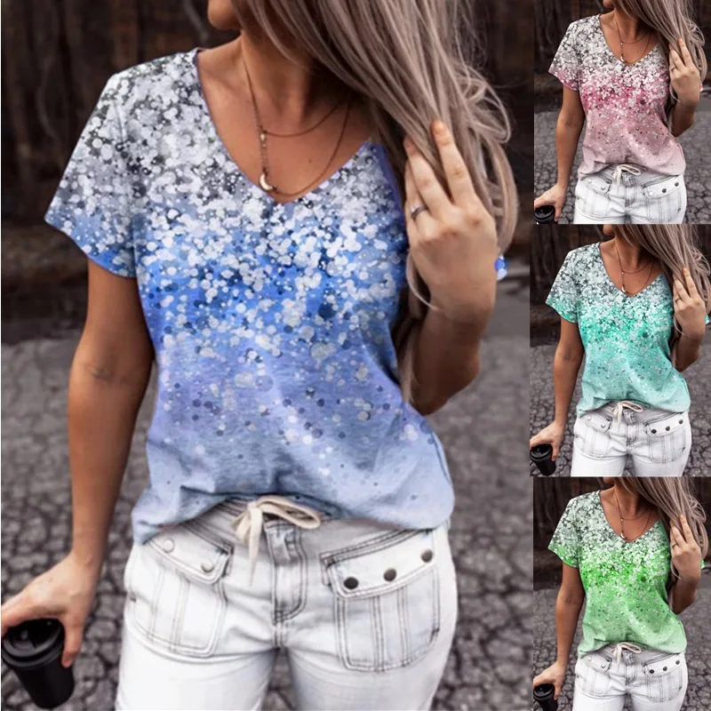

Tops Large Size Women Abstract Gradient Floral Print T Shirt Casual Short Sleeve V-Neck Loose Ladies Tee Top