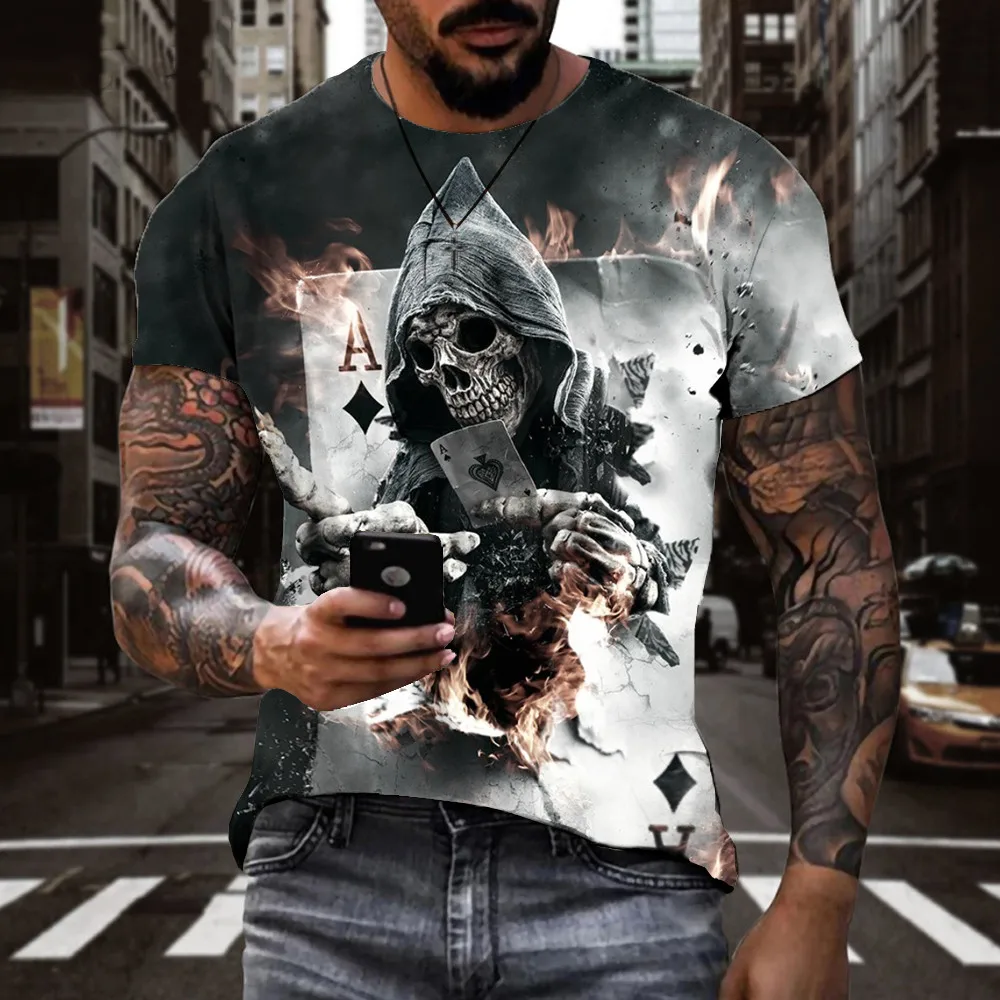 

KYKU Skull T-shirt Men Poker Tshirt Printed Flame Anime Clothes Dark Shirt Print Funny T-shirts 3d Mens Clothing T shirts