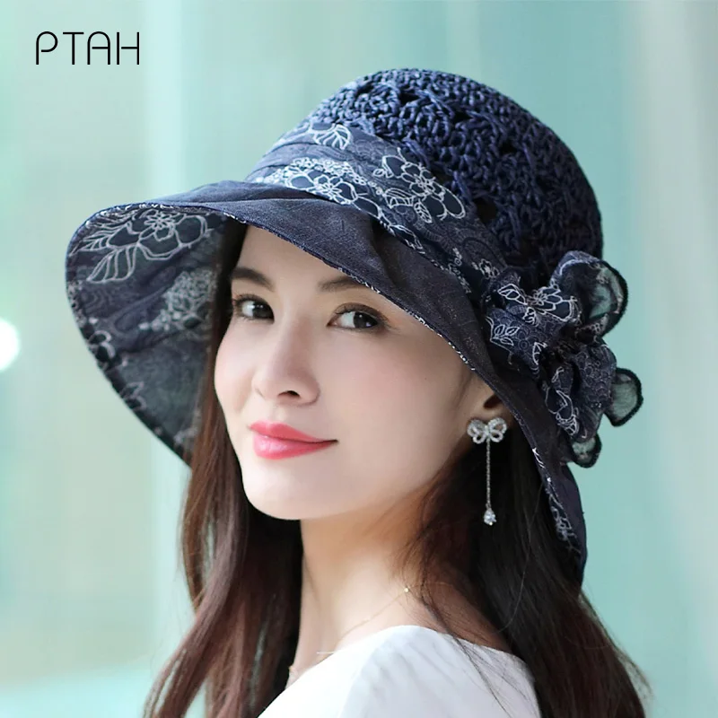 

[PTAH] Spring Summer Hats For Women's Sun Protection Hats Straw Cloth Foldable Hats Breathable Lightweight Visors Anti-UV Caps