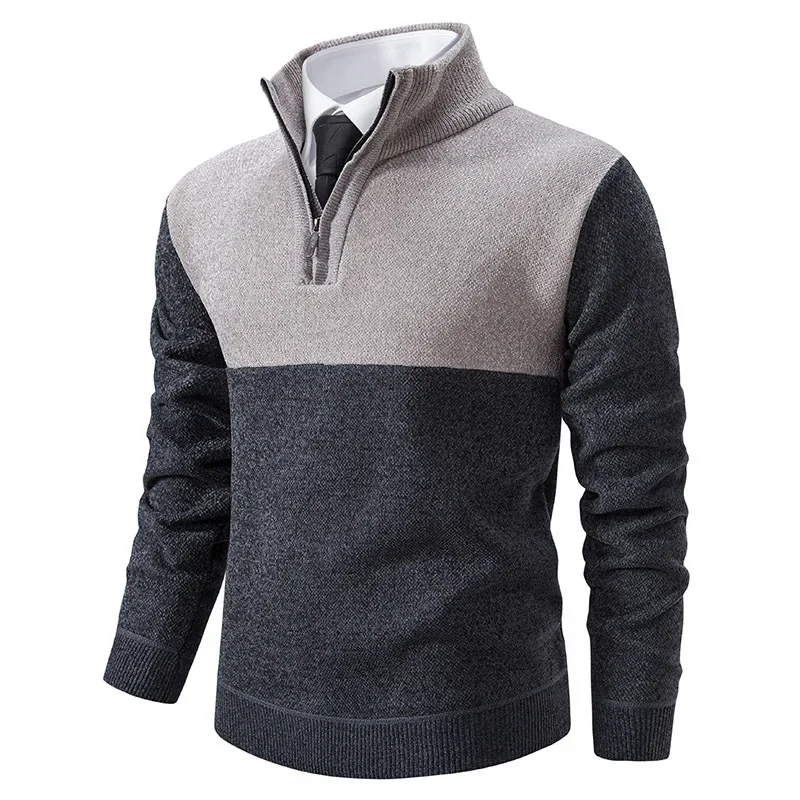 Мужской вязаный пуловер с цветными блоками на флисовой подкладке свитер теплая
