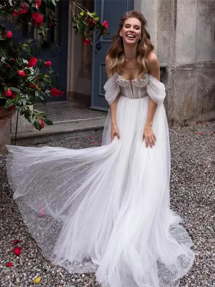 

Женское свадебное платье со шлейфом, элегантное платье с открытыми плечами и бисером