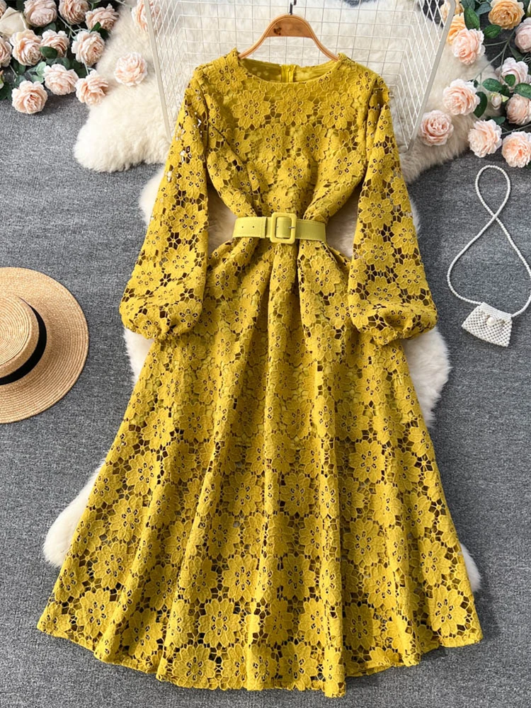 FTLZZ Spring Summer Elegant Women O-neck Puff Sleeve Midi Dress Vintage Lady Embroidery Hollow Out Dress with Belt