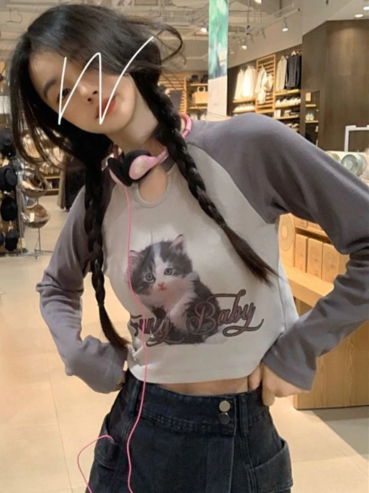 

Deeptown Harajuku Kawaii Cat Graphic T Shirts Women Y2K Aesthetic Kpop Patchwork Cropped Tops Sweet Slim Long Sleeve Tees Grunge
