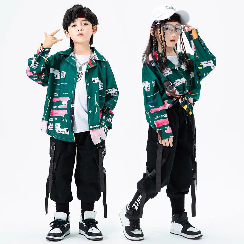 

4-16 Yrs Children Performance Clothing Set Floral Shirts Running Hip Hop Cargo Pants for Girls Boys Jazz Street Dance Costumes