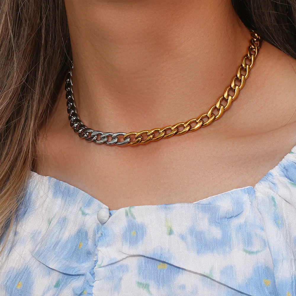 

New 2 Tones Gold Silver Color Mix Braided NK Chain Choker Necklace Stainless Steel Gold Plated Chunky Necklace Jewelry Gift
