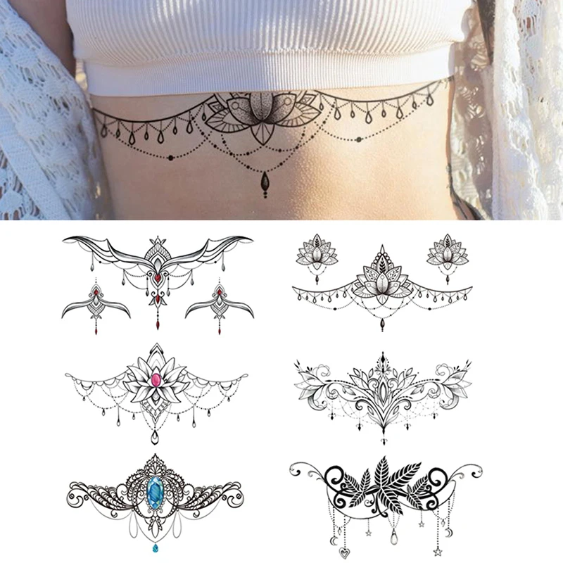 

Waterproof Temporary Fake Chest Body Art Tattoo Jewelry Lace Totem Lotus Mandala tatto Decal Waist Art Tatoo Sticker Women
