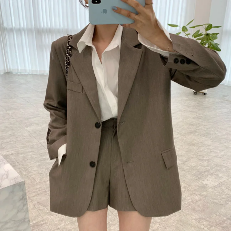 E GIRLS  2022 Spring Retro Women Turn-down Collar Long Sleeve Button Up Jacket Casual High Waist Wide Leg Shorts Korean Fashion