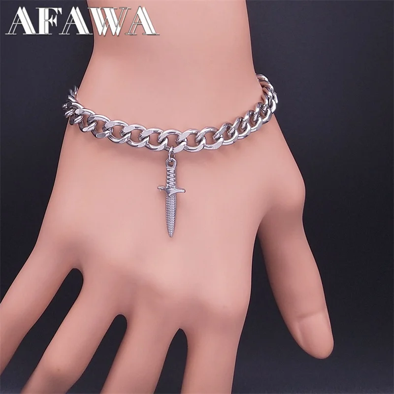 

Cool Dagger Never Fade Stainless Steel Bracelet Men Silver Color Cuban Chain Bracelets Sword Knife Wristband Jewelry mulher BY14
