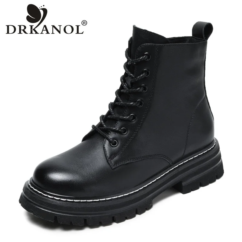 

DRKANOL Handmade Retro Women Motorcycle Boots 100% genuine Leather Round Toe Chunky Platform Thick Heel Casual Ankle Boots Lady