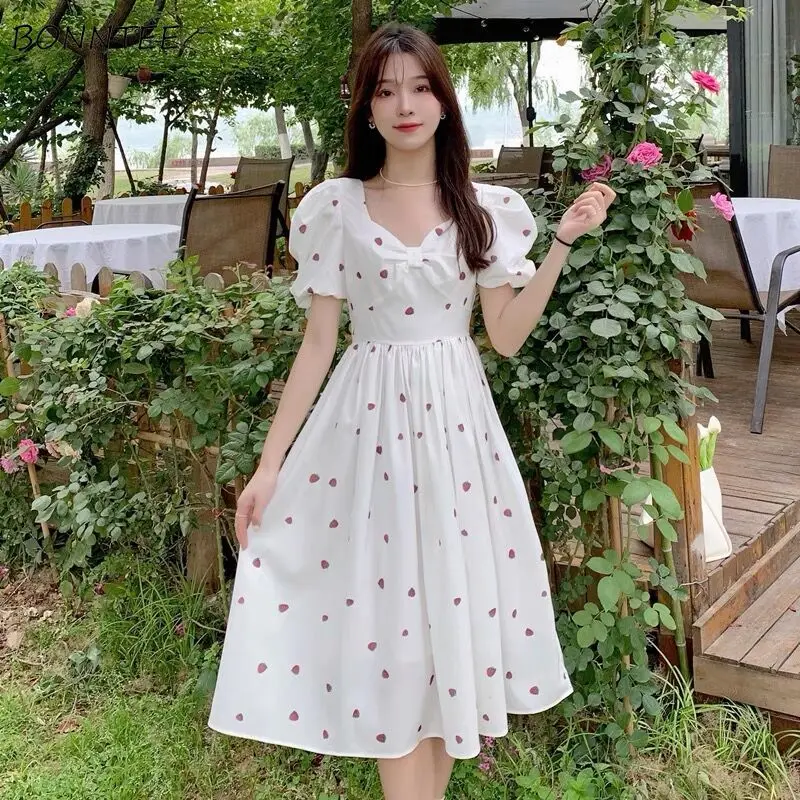 

Short Puff Sleeve Dresses Women Retro Elegant A-line Printing Girlish Vestido Feminino Летние Preppy Korean Fashion Kawaii Chic