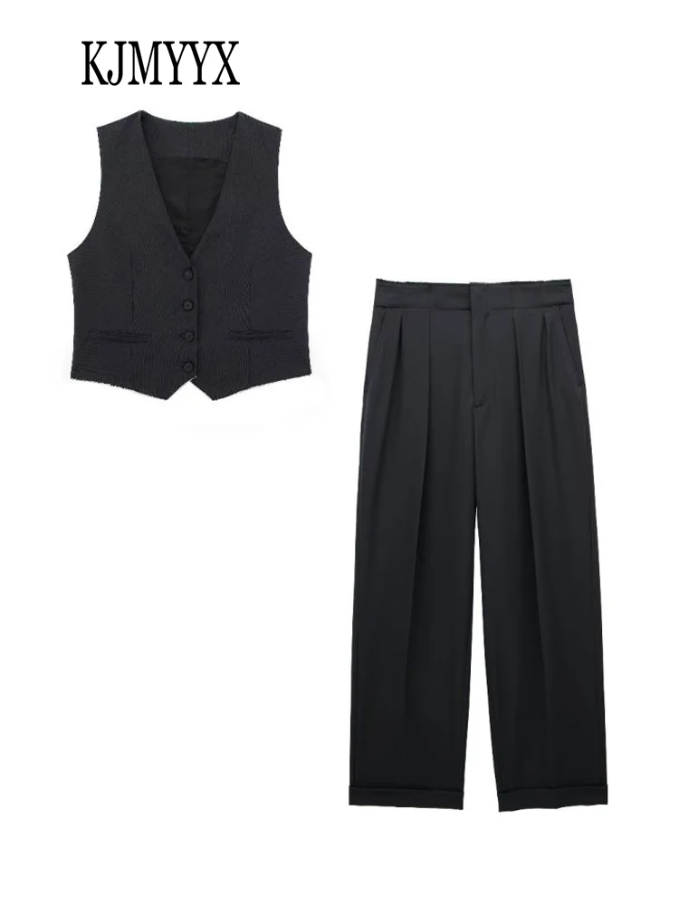 

KJMYYX осенний женский модный жилет, Новый Женский Повседневный короткий топ без рукавов, однотонные винтажные брюки с высокой талией