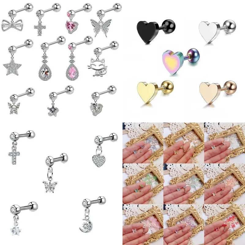 

Water Drop Star Butterfly Cross Ear Tragus Piercing Stud Earring Crystal Cartilage Stud Cute Cat Dangle Earring Jewelry