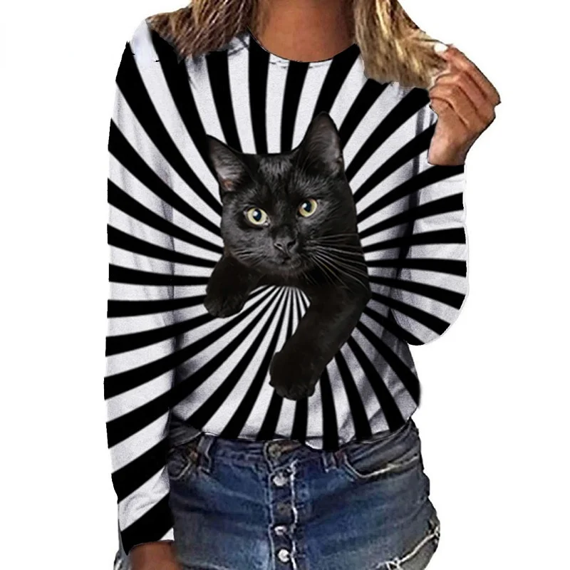 

Women Clothes Black White Striped Funny Cat Print T Shirt Women Long Sleeve Fashion Tops Casual Streetwear Female Shirt Autumn