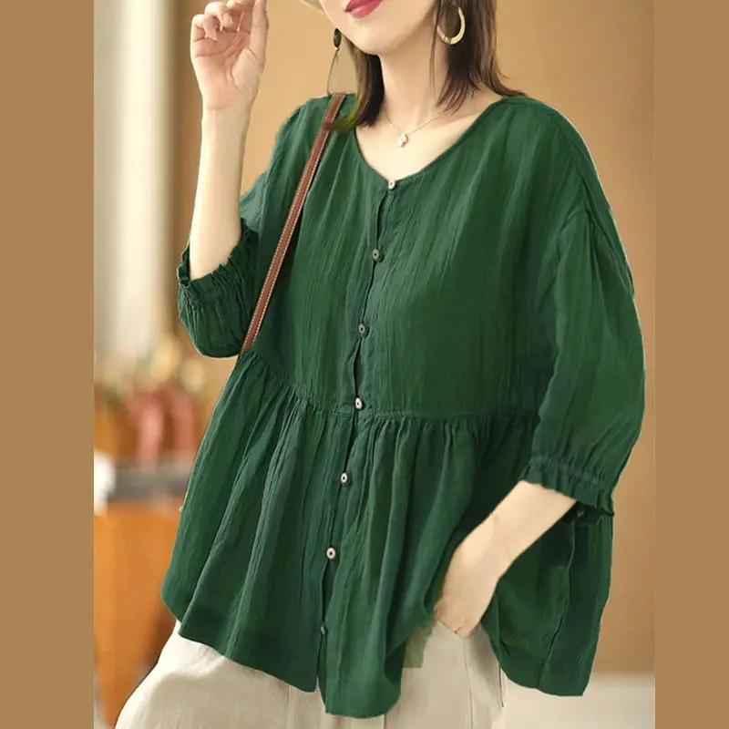 

Green Thin Linen Shirt Women's 3/4 Sleeve High Waist A-shaped Sweet Blouse Vintage Loose Ladies Top Summer New Korean Shirts