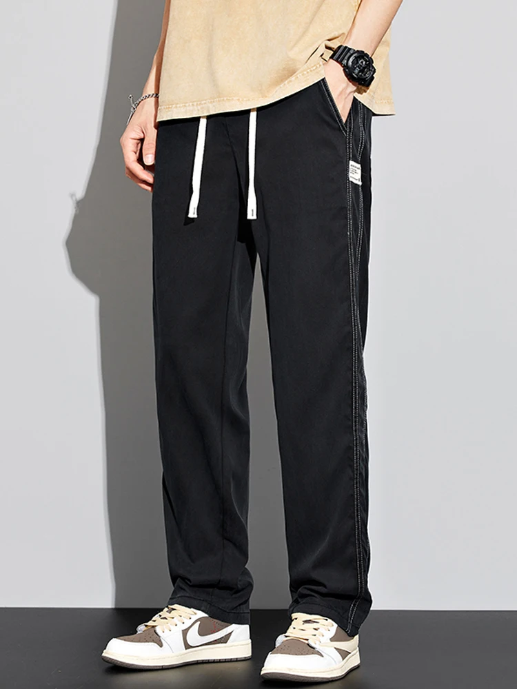 Summer Men's Jeans Soft Lyocell Fabric Thin Loose Straight Pants Drawstring Elastic Waist Korea Casual Trousers Plus Size 5XL