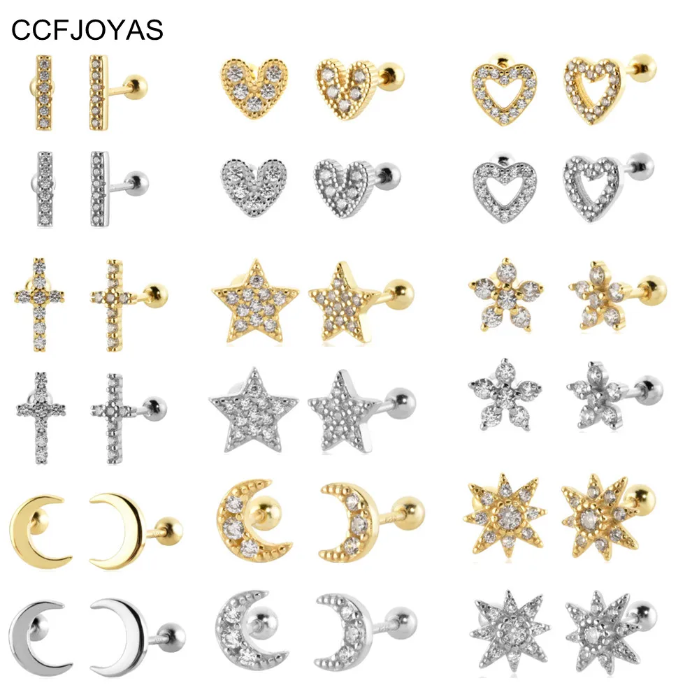 

CCFJOYAS 100% Real 925 Sterling Silver Moon Star Heart Cross Screw Stud Earrings for Women Simple INS Gold Silver Color Jewelry
