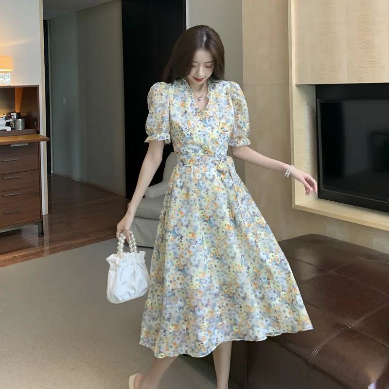 

Women Dress 2022 Summer Sexy Floral Print V Neck Short Sleeve Ruched Dress Female Elegant A-Line Party Dress