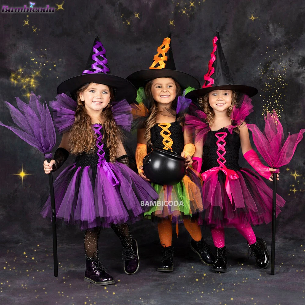 2022 Disguise Witch Costume for Girls Halloween Tutu Knee Dress with Hat Broom Pantyhose Kids Carnival Cosplay Party Outfit Set