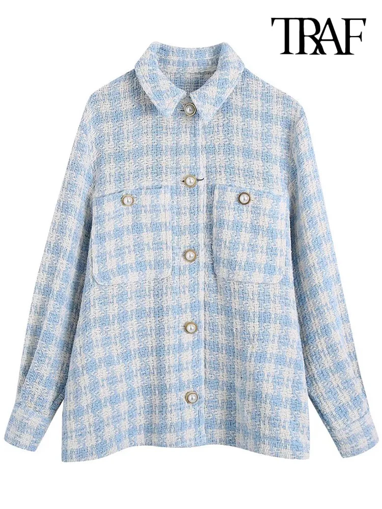 

TRAF Women Fashion With Faux Pearl Houndstooth Tweed Jacket Coat Vintage Long Sleeve Pockets Female Outerwear Chic Overshirt