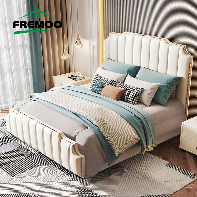 

Modern Simple King Size Double Beds Luxury Lit 2 Personnes Moderne Disign White Leather House Bed Frame Queen Bedroom Furniture