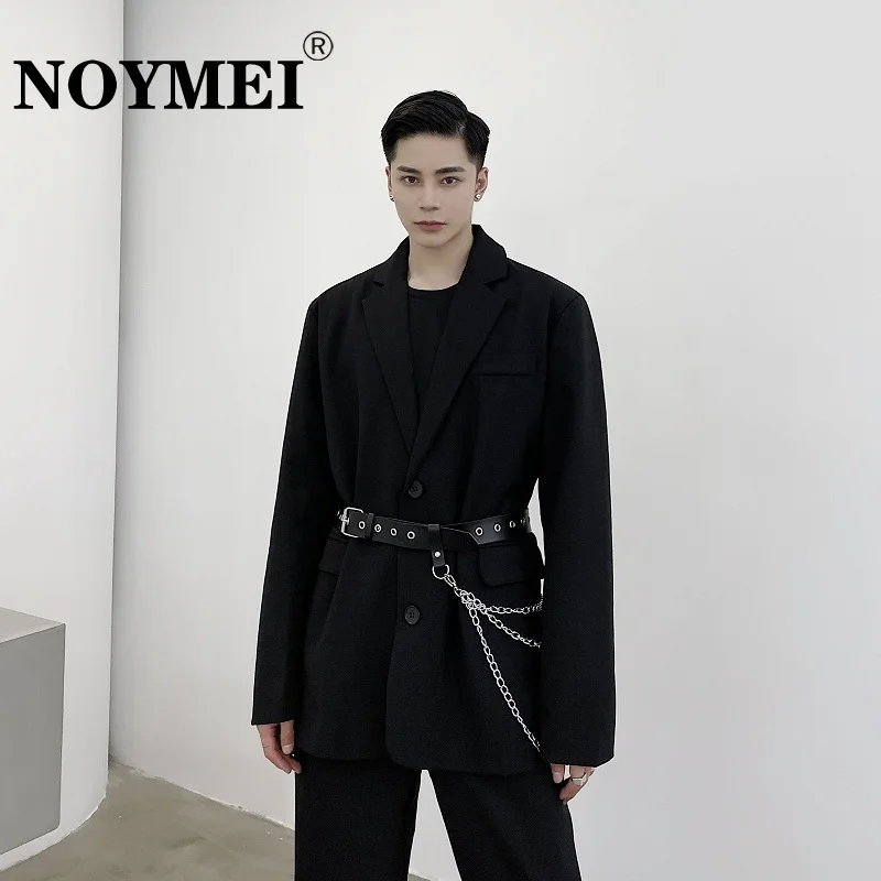 

NOYMEI Men Blazer Personality Belt Chain Design Trendy Black Single Breasted All-match Autumn Fashion Korean Suit Jacket WA2198