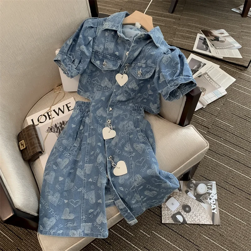 

Vintage Women Denim Dress Sexy Turn Down Neck Bare Waist Dress Blue Bubble Sleeve Waist Short Skirt