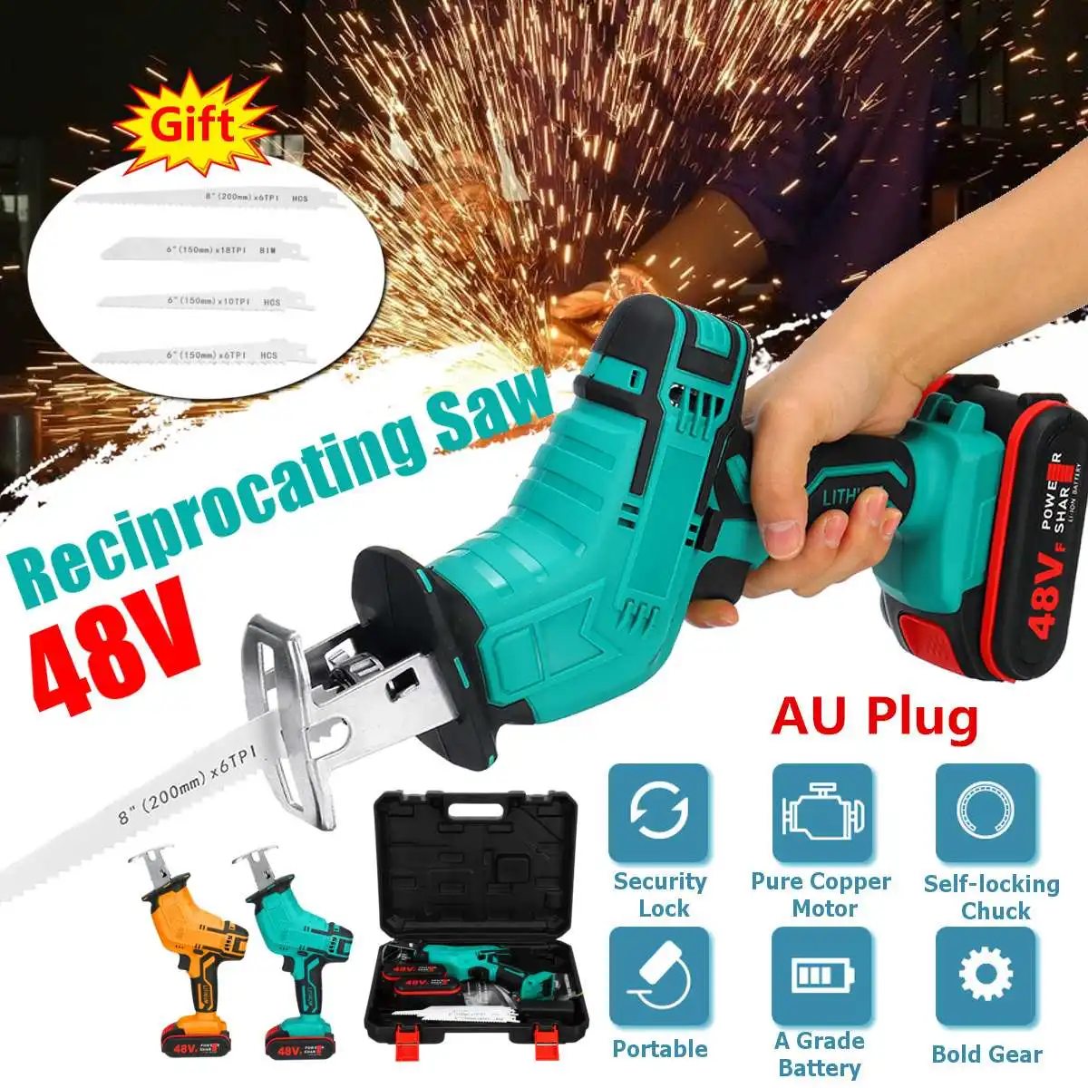 

Cordless Reciprocating Saw 48VF with 2Li-ion Battery Electric Saber Saw Metal Pipe Wood Cutting Tool for 18V Battery