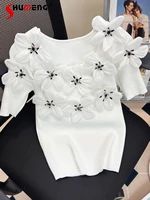 exquisite rhinestone flowers ice silk knitted tshirt women slim fit round neck short sleeve knitwear top 2022 new summer clothes