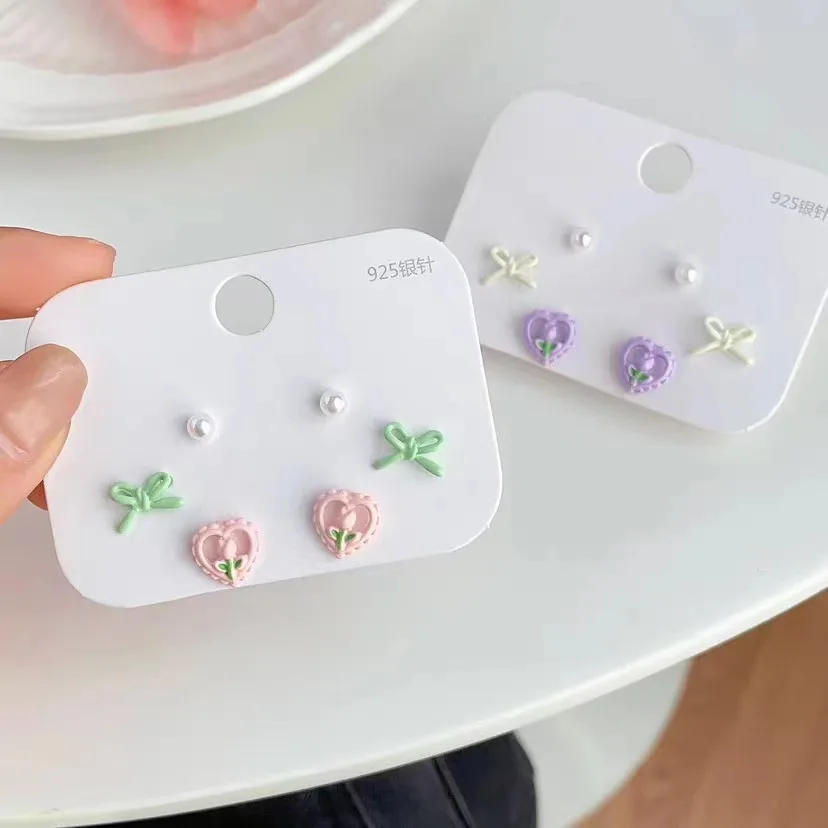 

KADRUFI Sweet Pink Heart Flower Pearl Beads Stud Earrings Set Women Girls Y2K Bow-knot Korean Fashion Earring Jewelry Brincos