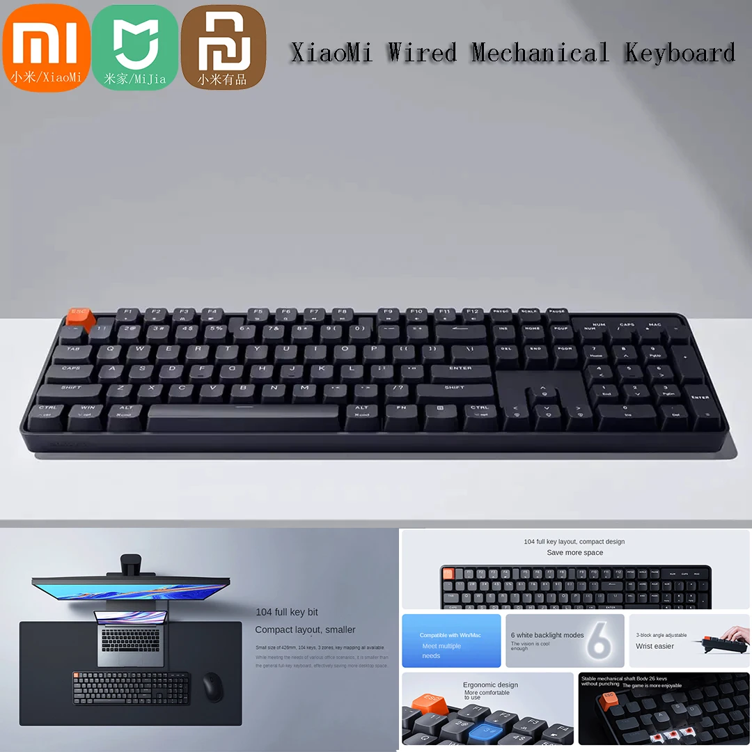 

Mijia Xiaomi Wired Mechanical Keyboard 104 Key Green Axis Red Axis Desktop Computer Notebook Game Player LED Keyboards Backlight