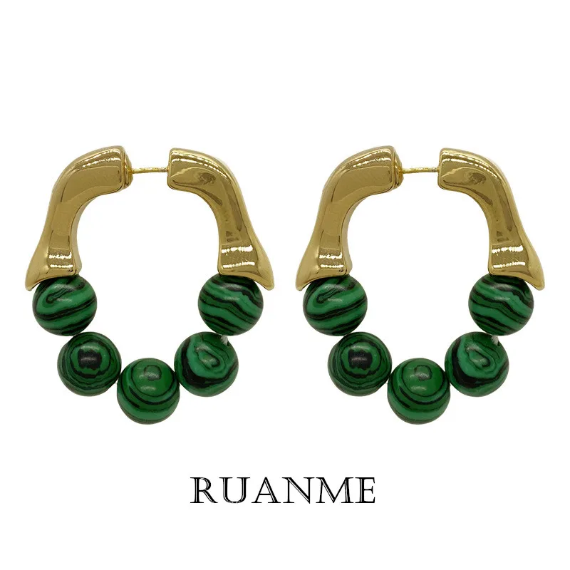 

French Malachite Earrings Fashion Classic Contracted Geometric Restoring Ancient Ways Round Green Beads Stud earrings