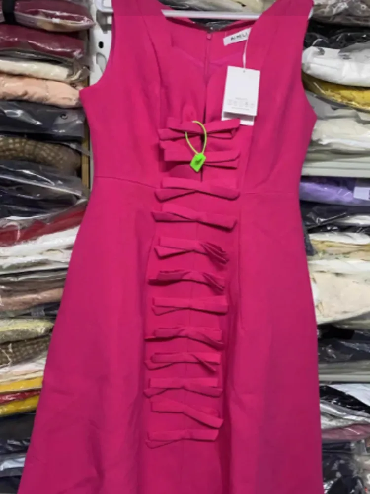 Женское платье без рукавов DEAT однотонное вечернее с бантом и высокой талией