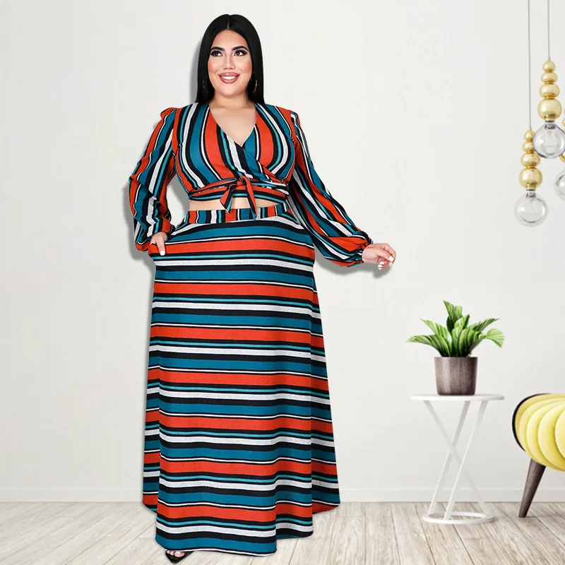 Plus Size Two Piece Dress Striped Bandage Tops And Skirts Female Luxury Party Dress Korean Style Outfit 2023 Spring Casual Sets