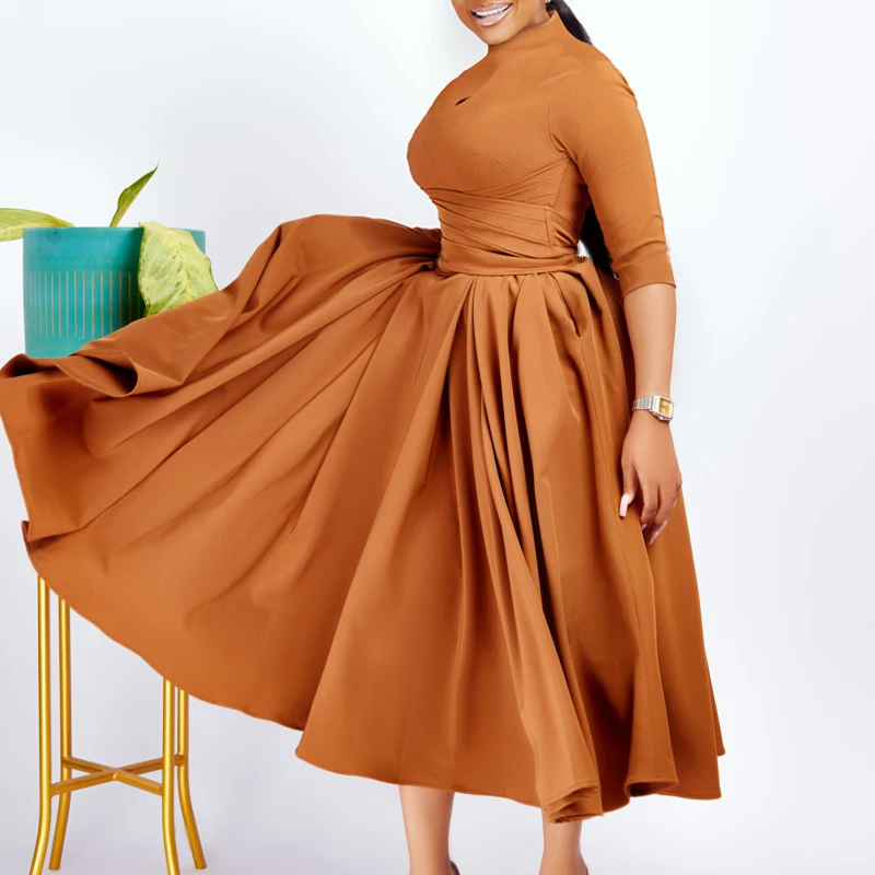 

Vintage Women Long Dress Solid Color Half Sleeve Ruched Big Hem Long Dress African Women Clothing