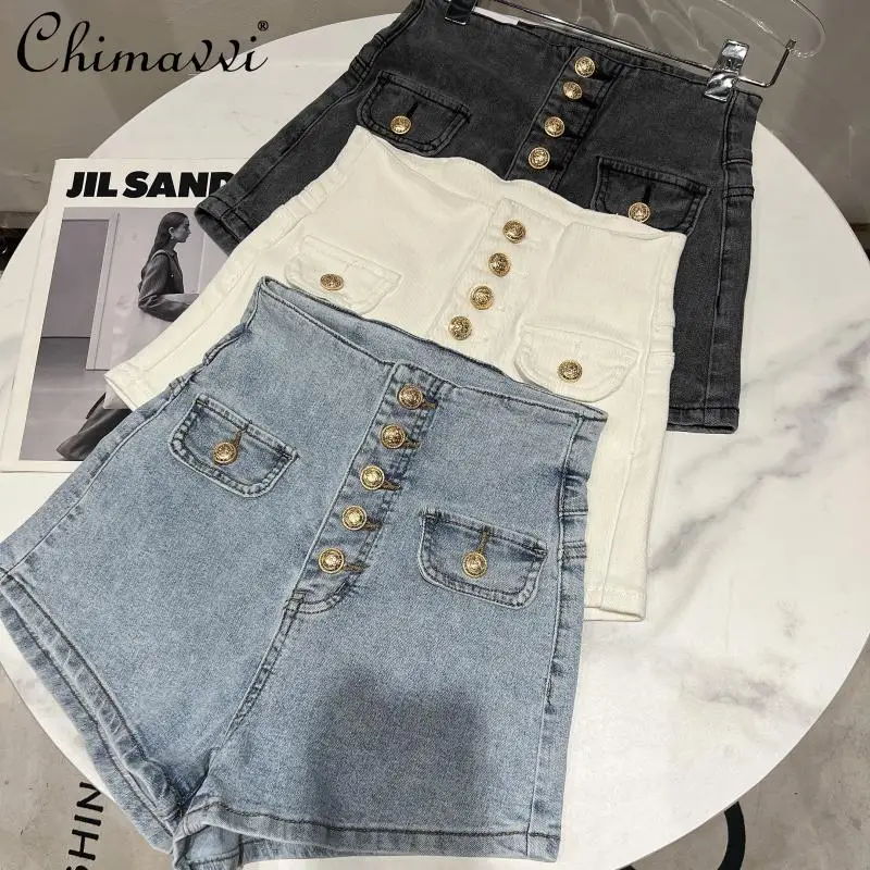 

2022 Spring Fashion British Style Metal Buckle Design Slim Denim Shorts High Waist Elegant Three Points Short Pants All-matching