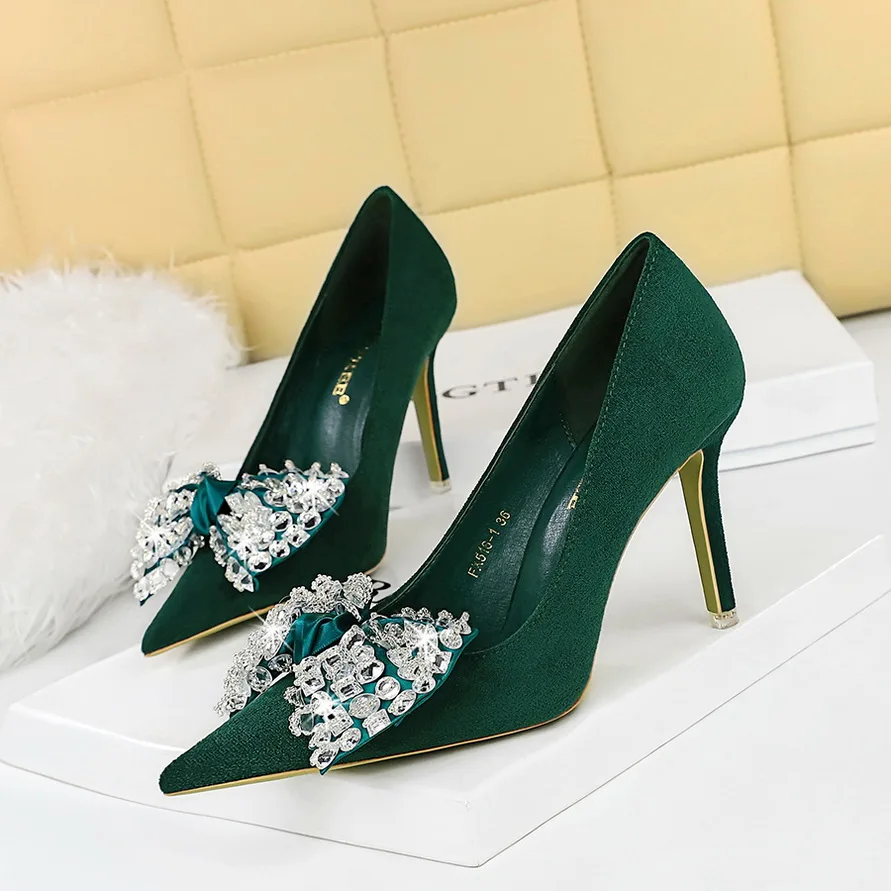 

BIGTREE 2023 Summer Rhinestones Butterfly-Knot Shallow Side Hollowed Out Pumps Heels Pointed Femme Sexy Wedding Stripper Shoes