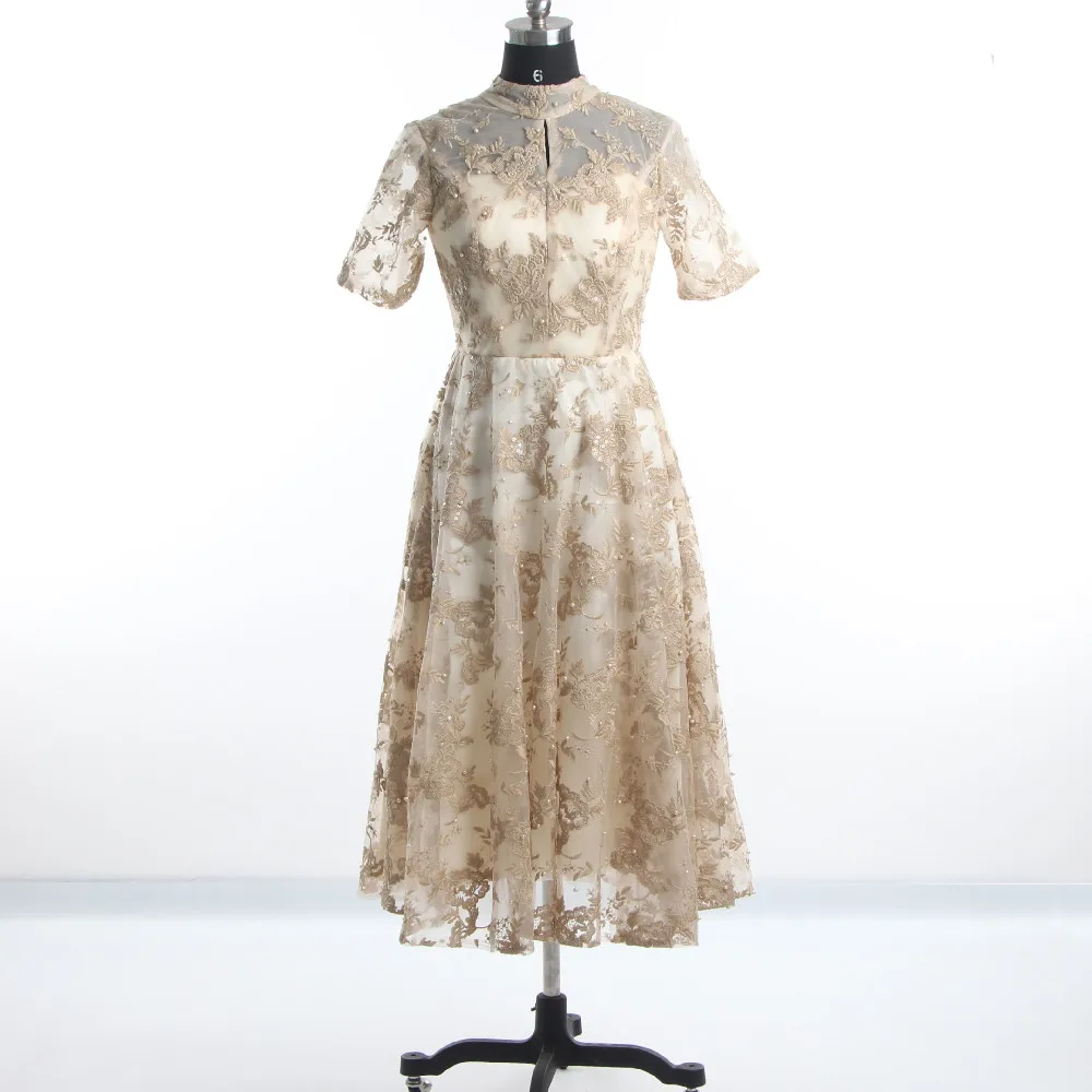 

Evening Dress Khaki High Collar Embroidery Short Sleeves Preal Lace up Pleat A-line Floor Length Plus Women Party Dresses A1261