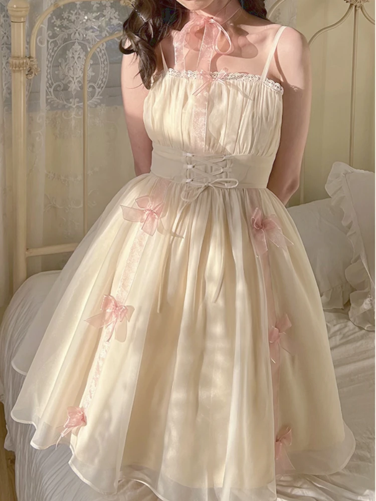 

Vintage Elegant Evening Party Midi Dress Women Bow France Kawaii Princess Strap Dress Female Retro Sweet Fairy Dress Summer 2022