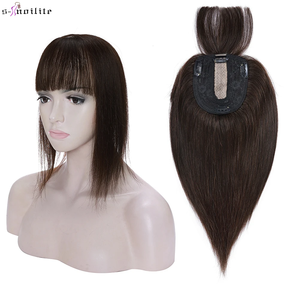 

S-noilite Топпер волос женский парик 10x12 см натуральные волосы кусок 2,5x9 см шелковая основа человеческие волосы для женщин шиньон с челкой закол...