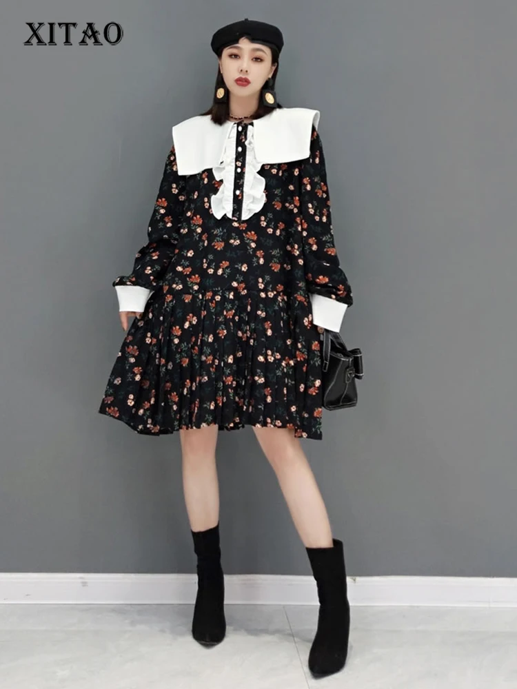 

XITAO модное платье с принтом контрастный цвет матросский воротник винтажное Сращивание плиссированный подол свободное повседневное темпер...